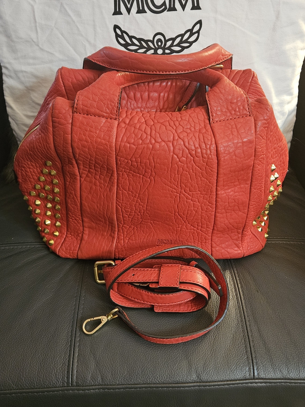 MCM Red Leather Studded Satchel Bag with Detachable Strap